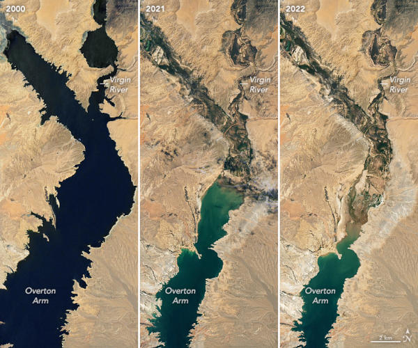 NASA Satellite Images Show Dramatic Decreased Lake Mead Water Capacity Lake Mead natural-color images above were acquired on July 6, 2000, and July 3, 2022, by Landsat 7 and Landsat 8, Image/NASA