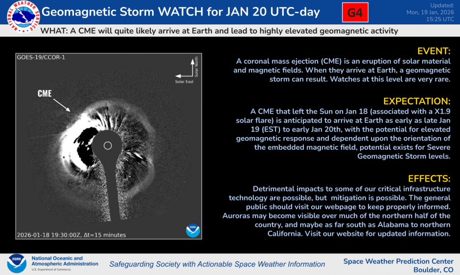 G4 (Severe) Geomagnetic Storm Watch for January 19-20 from Recent CME