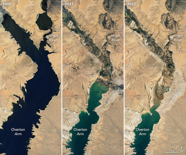 Lake Mead natural-color images above were acquired on July 6, 2000, and July 3, 2022, by Landsat 7 and Landsat 8, Image/NASA